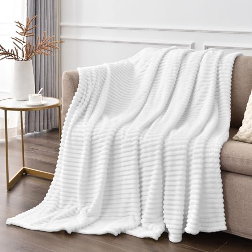 3D Ribbed Jacquard White Fleece Twin Blanket for Couch (Bright White / Twin(60"x80"))