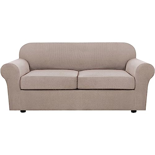 3 Piece Stretch Sofa Covers for 2 Cushion Sofa Couch Covers for Living Room Furniture Cover (Medium-XL / Sand)
