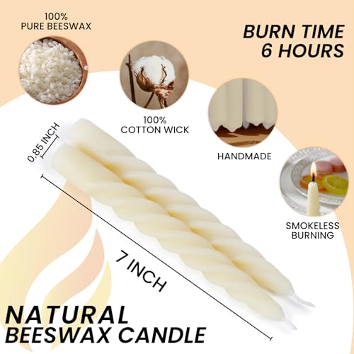 8PCS 7 Inch Pure Beeswax Spiral Taper Candles (Cream White / 7")