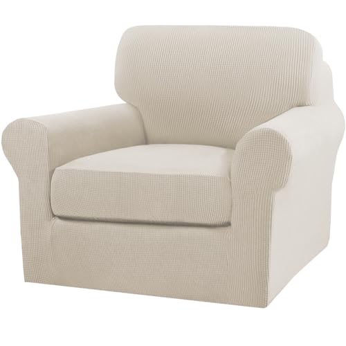 2 Piece Chair Covers Armchair Slipcovers for Living Room Armchair Sofa Cover with Individual Cushion Covers Feature Jacquard Fabric (Armchair (1 Cushion) / Island Fossi)