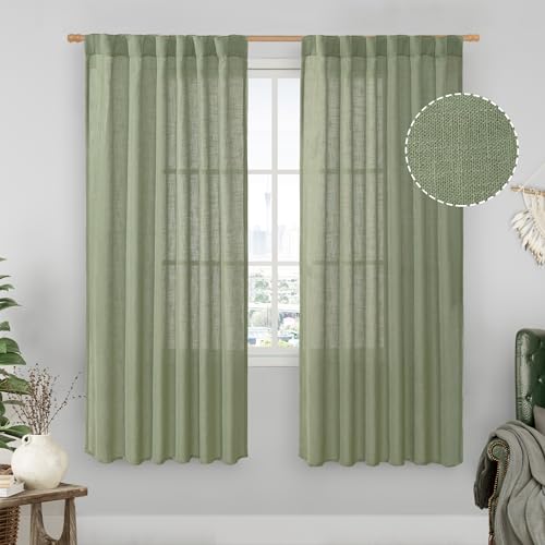Sage Green Light Filtering Linen Curtains 68 inches Long for Bedroom (Sage Green / 52"W x 68"L (Pack of 2))