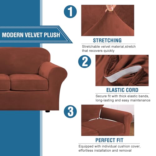 Modern Velvet Plush 4 Piece High Stretch Sofa Slipcover Cover Furniture Protector Form Fit Luxury Thick Velvet Extra Large Sofa Cover for 3 Cushion Couch (3 Cushion XL Sofa / Rust)