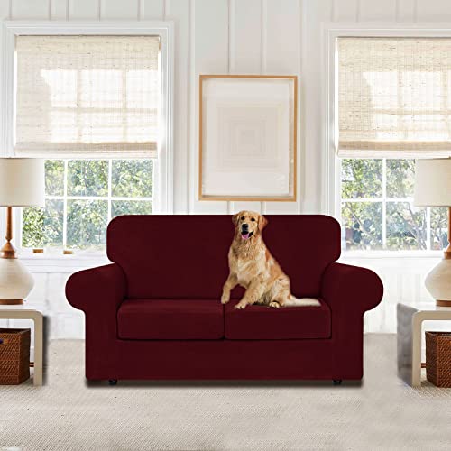 Velvet Stretch 3 Pieces Couch Cover for Sofa Washable (Medium / Burgundy)