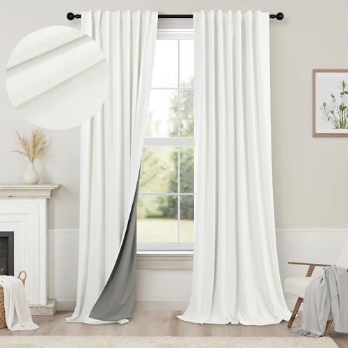 Living Room Curtains 84 Inches Long Faux Linen Darkening Curtain for Bedroom Boho Burlap Full Blackout Soundproof Thermal Insulated Drapes for Nursery Room Divider 52x84 Length 2 Panel Ivory Off White (Ivory / 52"W x 84"L (Pack of 2))