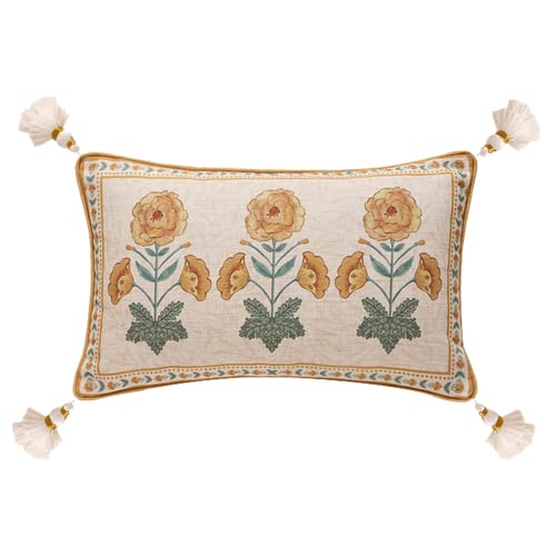 French Vintage Linen Throw Pillow Cover (20" x 12" (Pack of 1) / Rosasilvestre D)