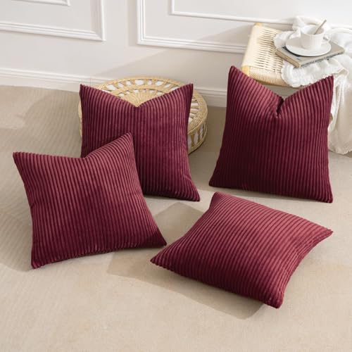 Soft Corduroy Decorative Throw Pillow Covers Burgundy 18x18 (18" x 18" (Pack of 4) / Burgundy)