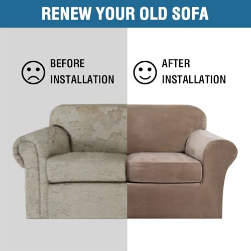 Real Velvet Plush 3 Piece Stretch Sofa Covers Couch Covers for 2 Cushion Couch Sofa Slipcovers Width Up to 90 Inch Feature Thick Soft Stay in Place (2 Cushion Sofa / Camel)
