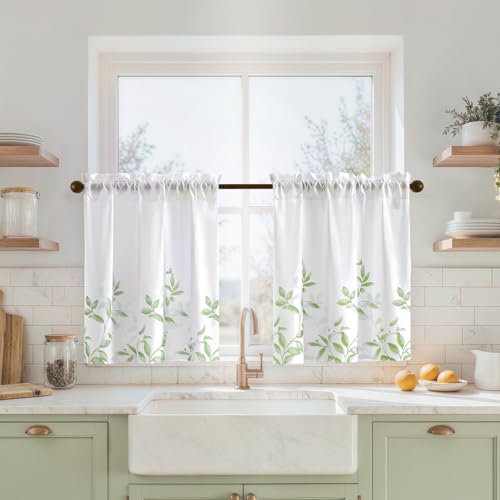 Kitchen Tier Curtains (Leaves-sage Green / 30"W x 24"L (Pack of 2))
