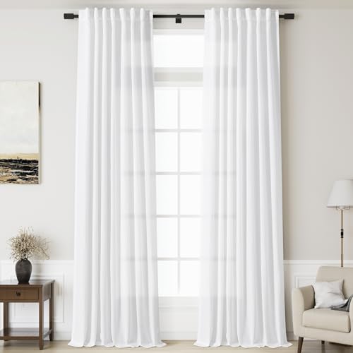 White Linen Curtains 168 Inches Long Back Tab Extra Long Curtains for Living Room Farmhouse Light Filtering Semi Sheer Linen Drapes Ceiling to Floor for Large Window 2 Panels Set 52x168 (52"W x 168"L (Pack of 2) / White)