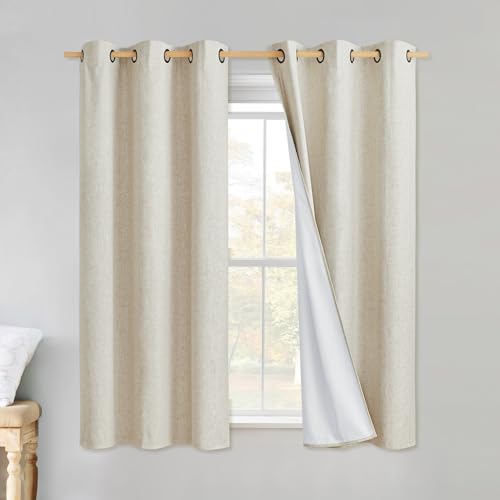 Linen Blackout Curtains for Kitchen (34"W x 60"L (Pack of 2) / Beige)