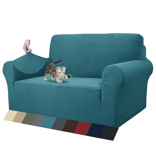 1 Piece Jacquard Couch Covers for 2 Cushion Couch High Stretch Loveseat Slipcover for Pets Dogs Anti Slip Love Seat Sofa Slipcover Furniture Protector (Medium (55"-69") / Peacock Blue)