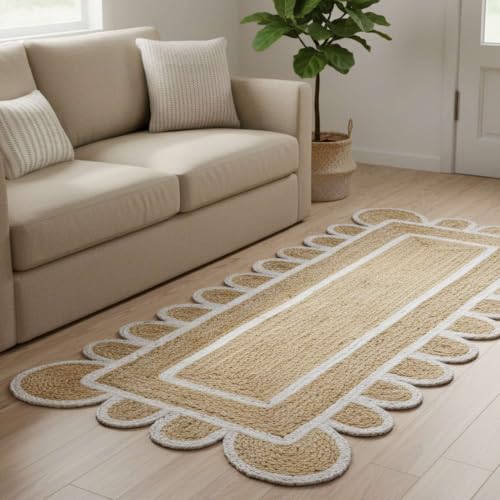 Jute Runner Rug 2x8 Ft with Scalloped Border (Off White / 2' x 8' (Rectangular))
