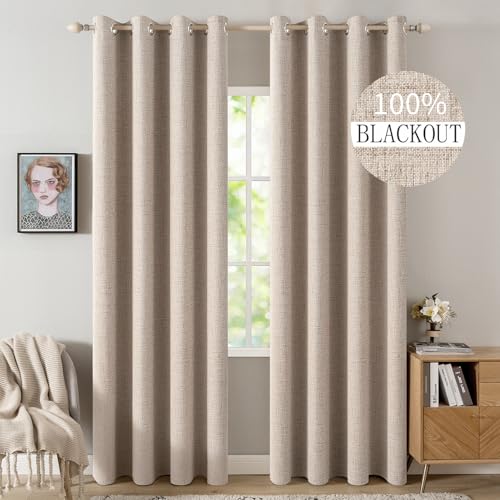 100% Blackout Linen Curtains for Bedroom 52x95 Inches Natural Beige (Beige / 52"W x 95"L (Pack of 2))