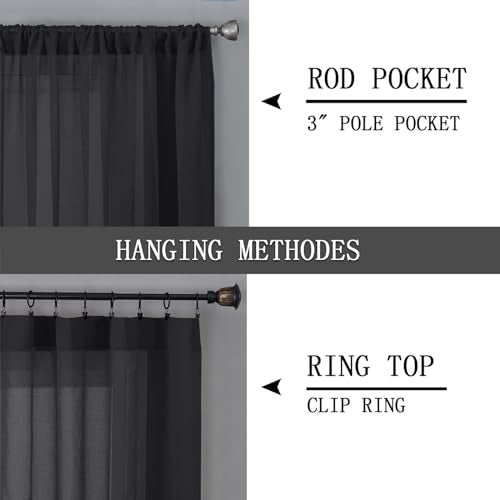 Sheer Curtains Bedroom Linen Textured Curtain Sheers Light Filtering Voile Rod Pocket Curtains for Living Room (38"W x 84"L (Pack of 2) / Black)