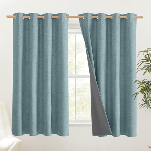 100% Absolutely Blackout Linen Curtains with Thermal Insulated Liner (52"W x 45"L (Pack of 2) / Skylark Blue)