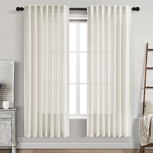 Cream Semi Sheer Linen Curtains 73 Inch Length for Living Room Back Tab Rod Pocket Modern Farmhouse Coastal Decor Cotton Textured Gauze Curtains 73 Inches Long for Dining Room Office 52x73 (52"W x 73"L (Pack of 2) / Natural)