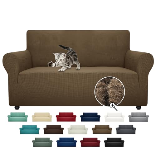 Super Stretch Couch Cover Love Seat Sofa Covers for Living Room Dogs Pet Friendly Furniture Protector Spandex Loveseat Slipcovers with Anti Slip Foam Sticks (Brown / Medium (57"-70"))