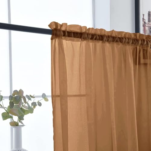 Basic Rod Pocket Sheer Voile Window Curtain Panels Light Brown 1 Pair 2 Panels 52 Width 63 Inch Long for Kitchen Bedroom Children Living Room Yard（Light Brown (Light Brown / 52"W x 63"L (Pack of 2))