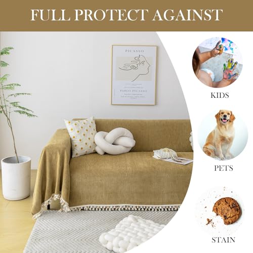 Couch Covers for Pets Boho Mustard Yellow Love Seat Couch Covers Brown Sofa Cover for Dogs Pet Couch Protector Chenille Tassel Sofa Slipcovers Sofa Throw Cover Boho Decor (91" x 134" / Tassel Ball: Mustard)
