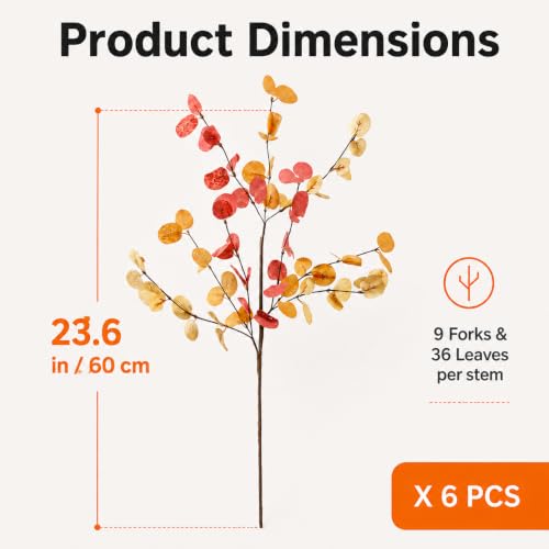 6pcs Eucalyptus Stems Fake Orange Red Autumn Leaves Artificial Silk Flowers Fall Decor Bouquet Faux Branches Centerpiece Flores Plants for Home Party Decor Wedding Decoration (6pcs-orange)