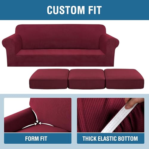 4 Piece Stretch Sofa Covers for 3 Cushion Couch Covers for Living Room Furniture Slipcovers (Large Plus / Burgundy)