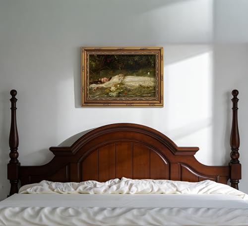 Vintage Gold Framed Ophelia Canvas Wall Art Gothic Dark Academia Pond Lotus Painting Picture Wall Decor Retro Romantic Victorian Antique Woman Poster Print Artwork for Living Room Bedroom Bathroom (Ophelia / 24"L x 16"W)