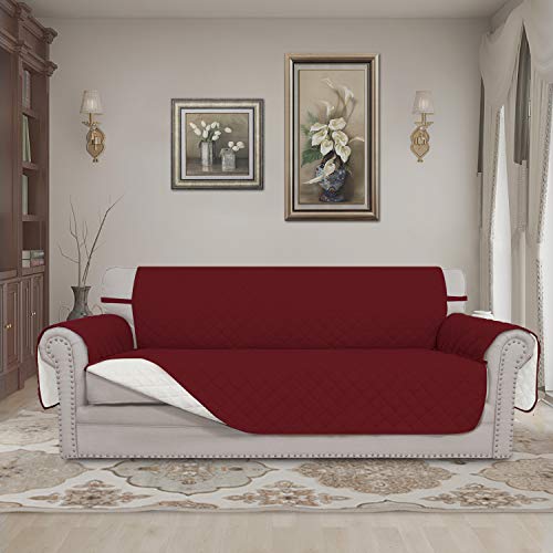 Reversible Couch Cover for 3 Cushion Couch Sofa Cover for Dogs Water Resistant Furniture Protector Cover with Foam Sticks Elastic Straps for Pet Cat (Christmas Red/Ivory / Large Sofa)