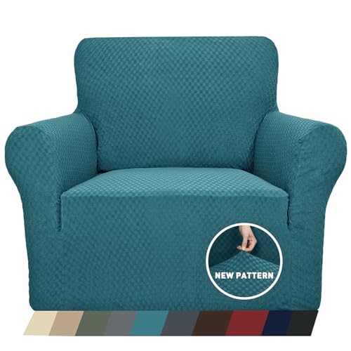 1 Piece Jacquard Chair Slipcovers for Living Room High Stretch Chair Covers with Arms Anti Slip Pets Friendly Couch Sofa Armchair Cover Furniture Protector (Small (31"-46") / Peacock Blue)