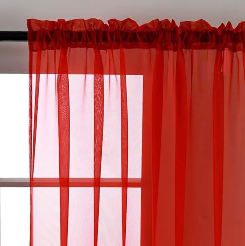 Sheer Red Curtains 4 Panels Rod Pocket Semi (Red / 52"W x 96"L (Pack of 4))