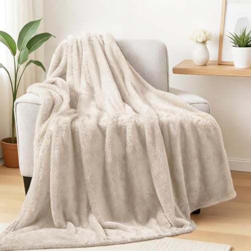 Fuzzy Large Fleece Throw Blanket for Couch (Beige / 50x70 IN)