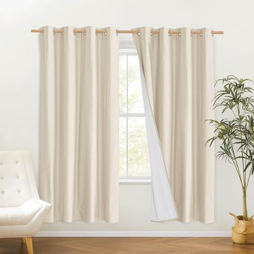 100% Absolutely Blackout Linen Curtains with Thermal Insulated White Liner (52"W x 72"L (Pack of 2) / Beige)