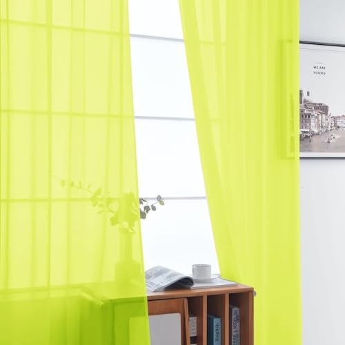 Basic Rod Pocket Sheer Voile Window Curtain Panels Chartreuse 1 Pair 2 Panels 52 Width 90 Inch Long for Kitchen Bedroom Children Living Room Yard（Chartreuse (Chartreuse / 52"W x 90"L (Pack of 2))