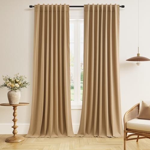 100% Blackout Linen Curtains 120 Inch Length 2 Panels Set for Living Room Bedroom Back Tab Thermal Insulated Black Out Linen Drapes Room Darkening Window Curtains (Camel Brown / 52"W x 120"L (Pack of 2))