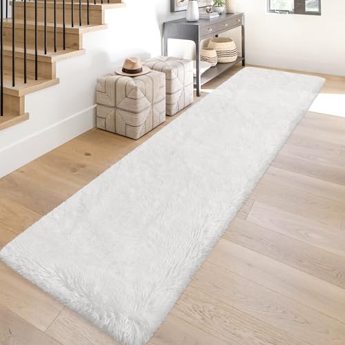 Runner Rug for Bedroom White 2x10ft Fluffy Area Rug Bedside Runner Rug for Kids Room Boys Teens Nursery Baby Living Room Dorm Home Decor Carpets Kid Sbedroom Rug (White / 2' x 10' (Runner))
