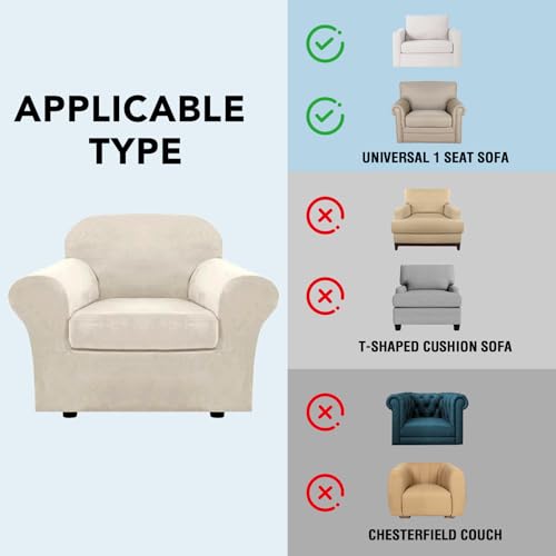 Rich Velvet Stretch 2 Piece Cover Chair Slipcover Sofa Cover Furniture Protector Couch Soft with Elastic Bottom Chair Couch Cover with Arms Width Up to 49 Inch (1 Cushion Chair / Ivory)