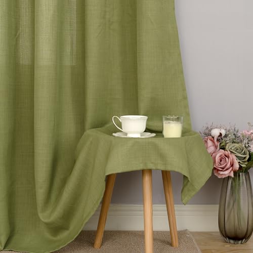 Moss Green Semi Sheer Linen Curtains for Living Room 84 Inch Long (52"W x 84"L (Pack of 2) / Silver Grommet-moss Green)