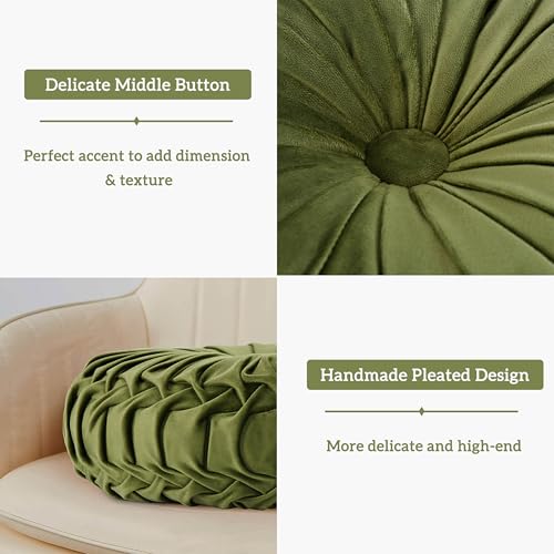 Set of 2 Olive Velvet Decorative Round Pleated Throw Pillows (Olive)