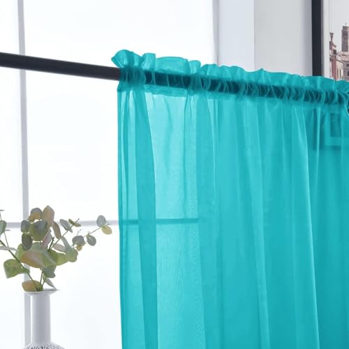 Basic Rod Pocket Sheer Voile Window Curtain Panels Peacock Blue 1 Pair 2 Panels 52 Width 36 Inch Long for Kitchen Bedroom Children Living Room Yard（Peacock Blue (Peacock Blue / 52"W x 36"L (Pack of 2))