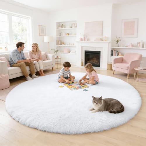 White Round Rugs for Bedroom (7 Ft Round / White)
