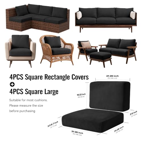 8Pcs Outdoor Cushion Covers (Black / Square-large + Rectangle)