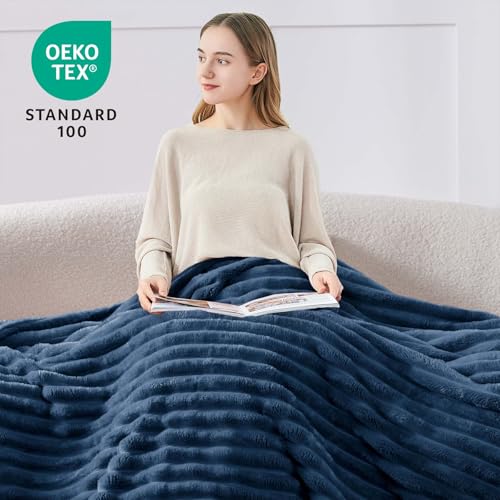 Ribbed Fleece Throw Blanket for Couch (Navy / Throw XL(50"x70"))