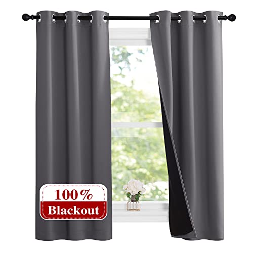 100% Blackout Short Curtains with Black Liners (Grey / 37"W x 63"L (Pack of 2))