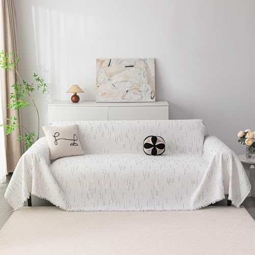 Boho Couch Cover White Sofa Covers with Tassel Farmhouse Sofa Slipcover Simple Couch Protector for Dogs Chenille Sectional Couch Covers L Shaped Couch Cushion Covers (71" x 134" / 9# Lines White)