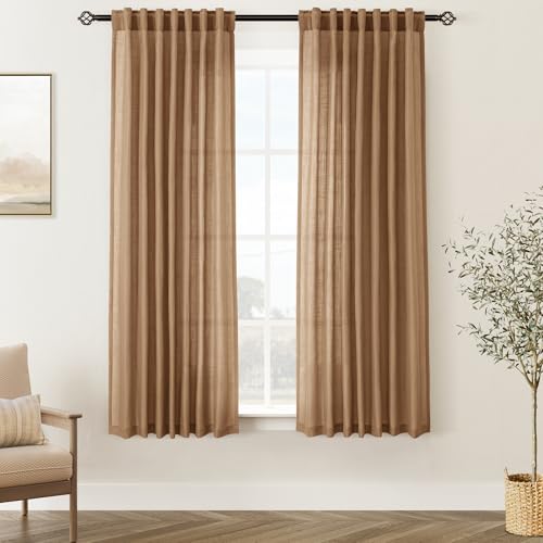 Brown Curtains for Living Room Back Tab Modern Farmhouse Semi Sheer Brown Curtains 63 inches Long 2 Panels Set Muted Neutral Window Curtain for Dining Room Bedroom 52x63 (Brown / 52"W x 63"L (Pack of 2))