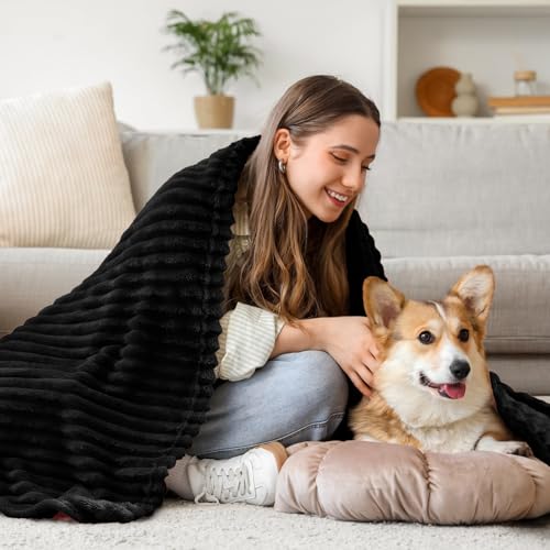Ribbed Jacquard Black Fleece Throw Blanket for Couch (Black / Throw(50"x60"))