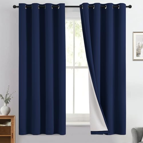 Navy Blue 100% Blackout Curtains 63 Inches Long 50" Wide (50"W x 63"L (Pack of 2) / Navy Blue With White Backing)