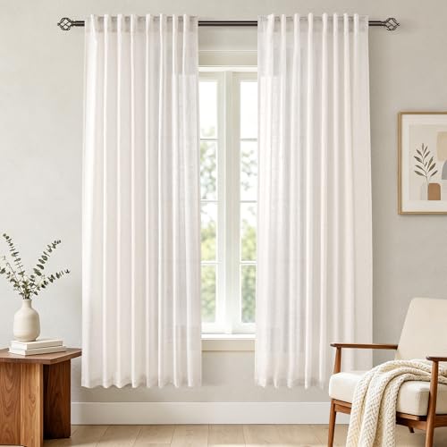 Cream Linen Curtains 72 inch Long 2 Panel Set for Living Room Back Tab Rod Pocket Semi Sheer Light Filtering Bedroom Window Curtain 72 inch Length Modern Farmhouse Neutral Ivory Linen Drapes 60x72 (Natural / 60"W x 72"L (Pack of 2))