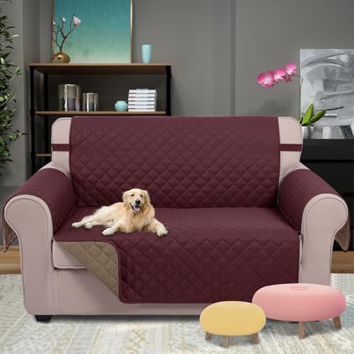 Loveseat Sofa Cover for 2 Cushion Couch (Burgundy/Tan / 45''loveseat-small)