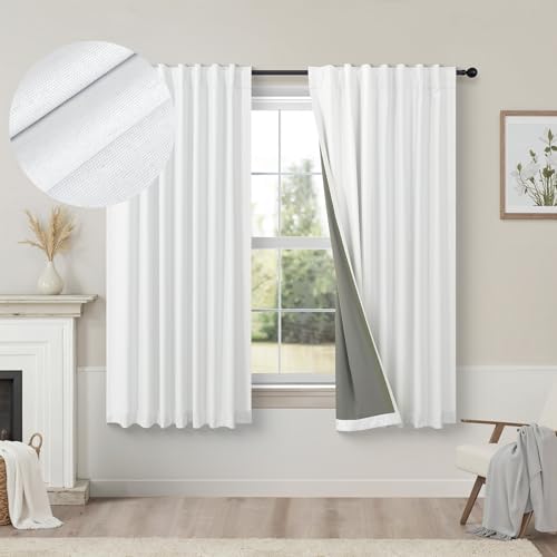 White Linen Complete Blackout Curtains 48 Inch Length for Kids Room 2 Panels Light Blocking Thermal Insulated Cold Reducing Noise Reduction Window Draperies for Bedroom Short Drapes 52 x 48 Long (White / 52"W x 48"L (Pack of 2))