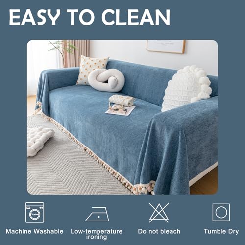 Couch Slipcover Dog Sofa Covers Boho Couch Cover for Dogs Blue Sofa Throw Cover Bohemian Sofa Covers for 3 Cushion Couch Herringbone Sectional Couch Cover Slipcovers for Sofas (91" x 150" / Tassel Ball: Blue)